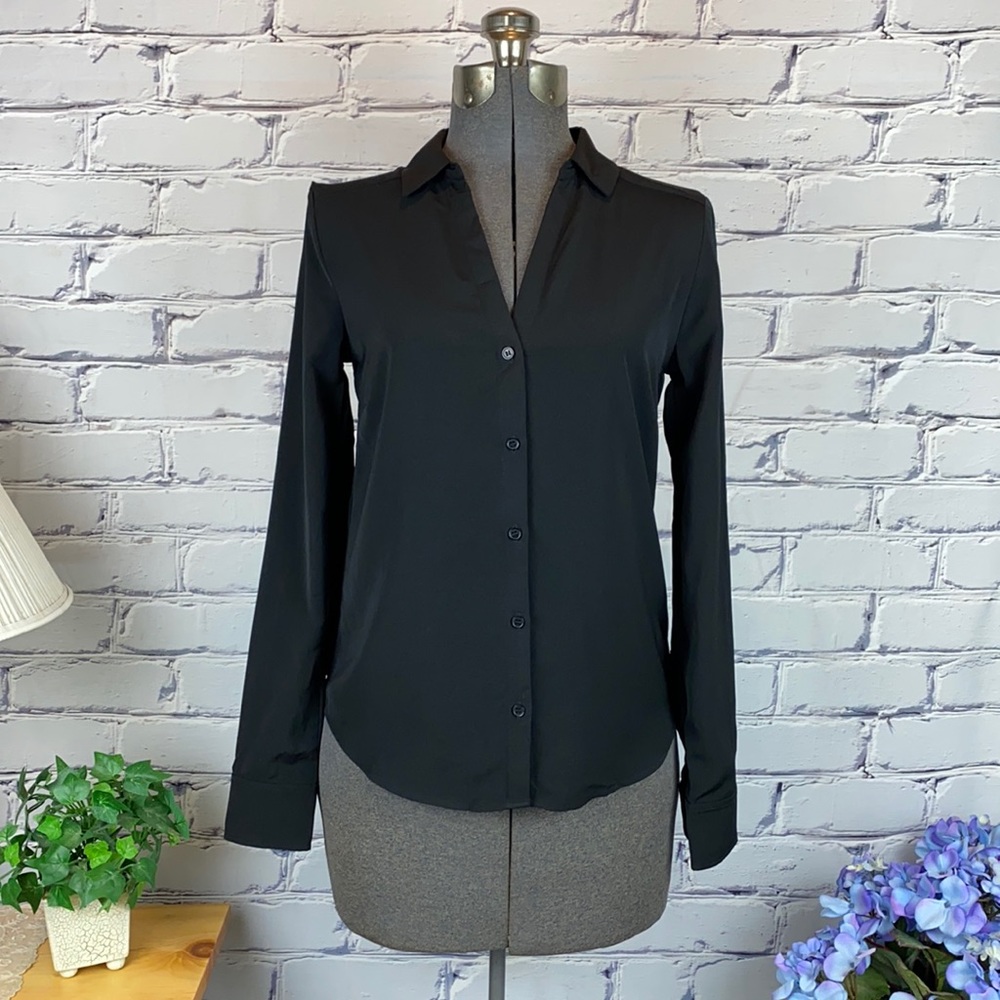 H&M Conscious Black V Neck Button Down Shirt 100% Polyester NWT Sz. XS